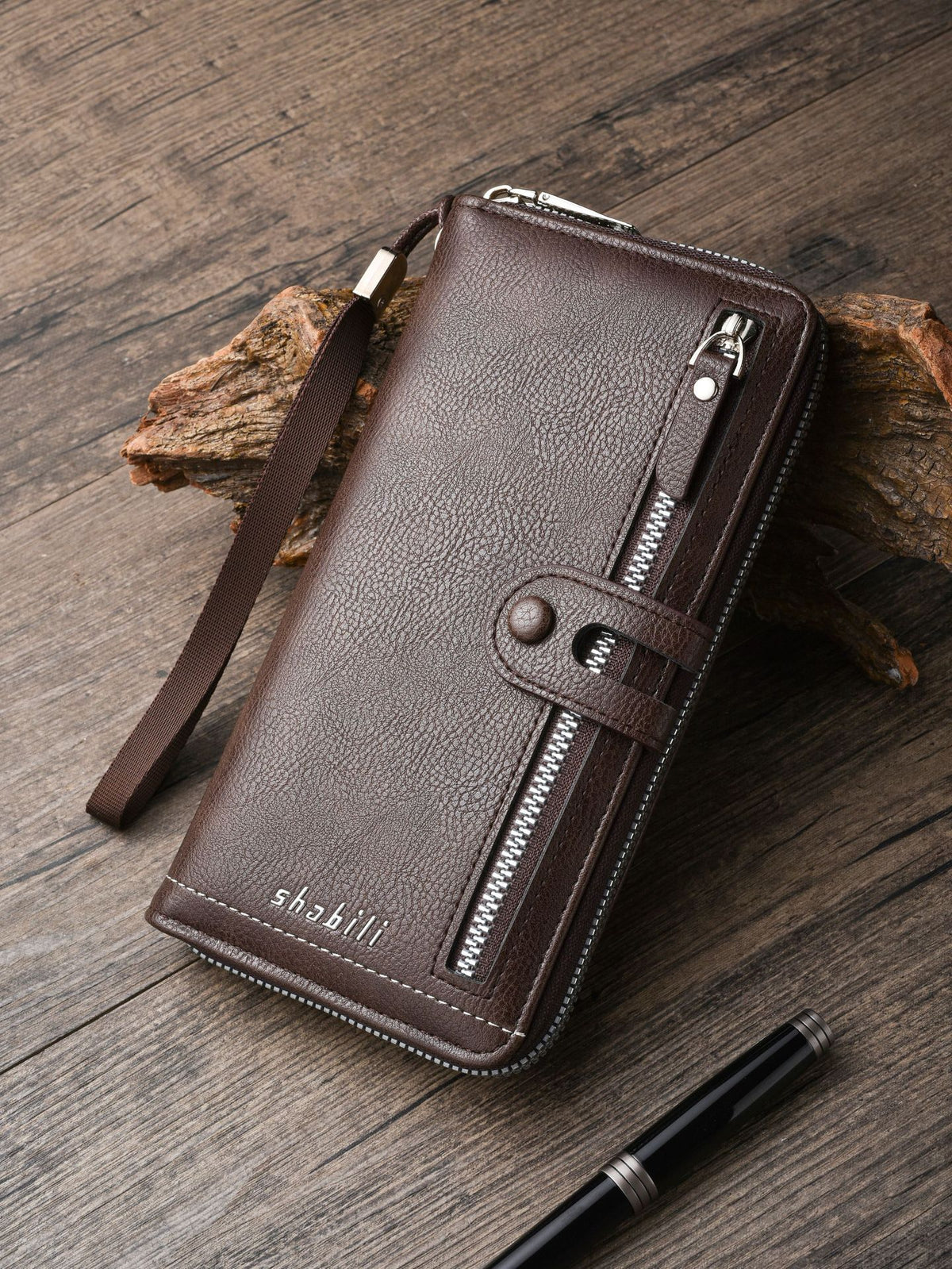 Two pieces High-Capacity PU Leather Clutch Wallet - Unisex Design with Wrist Strap, Zipper & Multiple Card Slots(Dark brown)