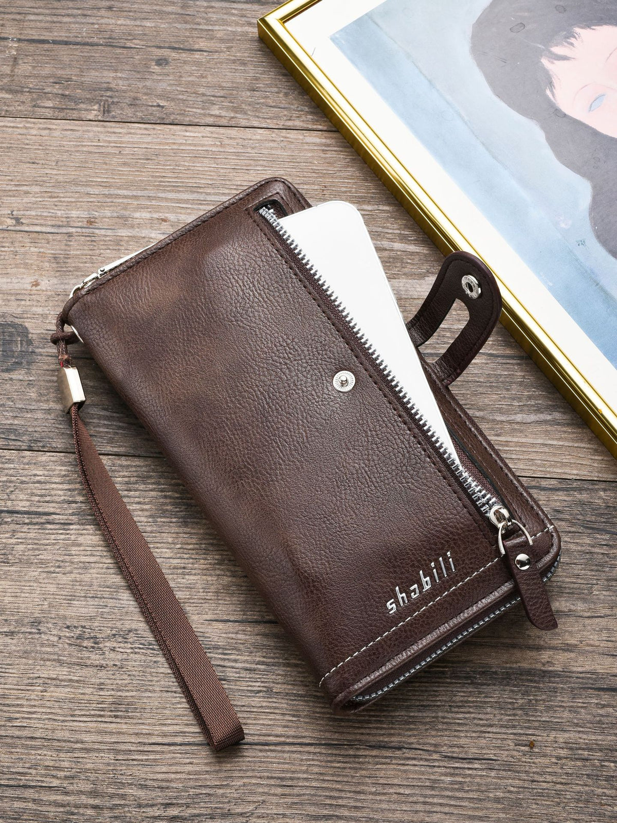 Two pieces High-Capacity PU Leather Clutch Wallet - Unisex Design with Wrist Strap, Zipper & Multiple Card Slots(Dark brown)