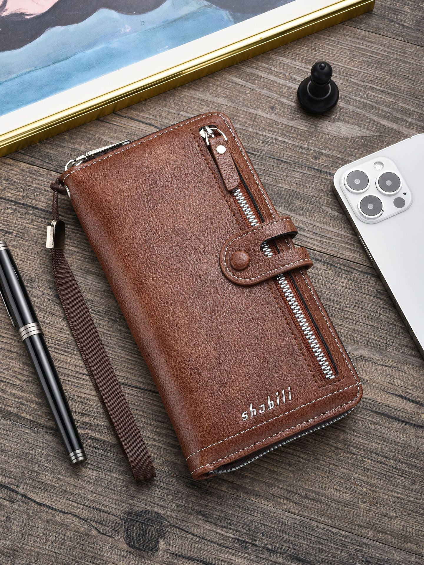 Two pieces High-Capacity PU Leather Clutch Wallet - Unisex Design with Wrist Strap, Zipper & Multiple Card Slots(Light brown)