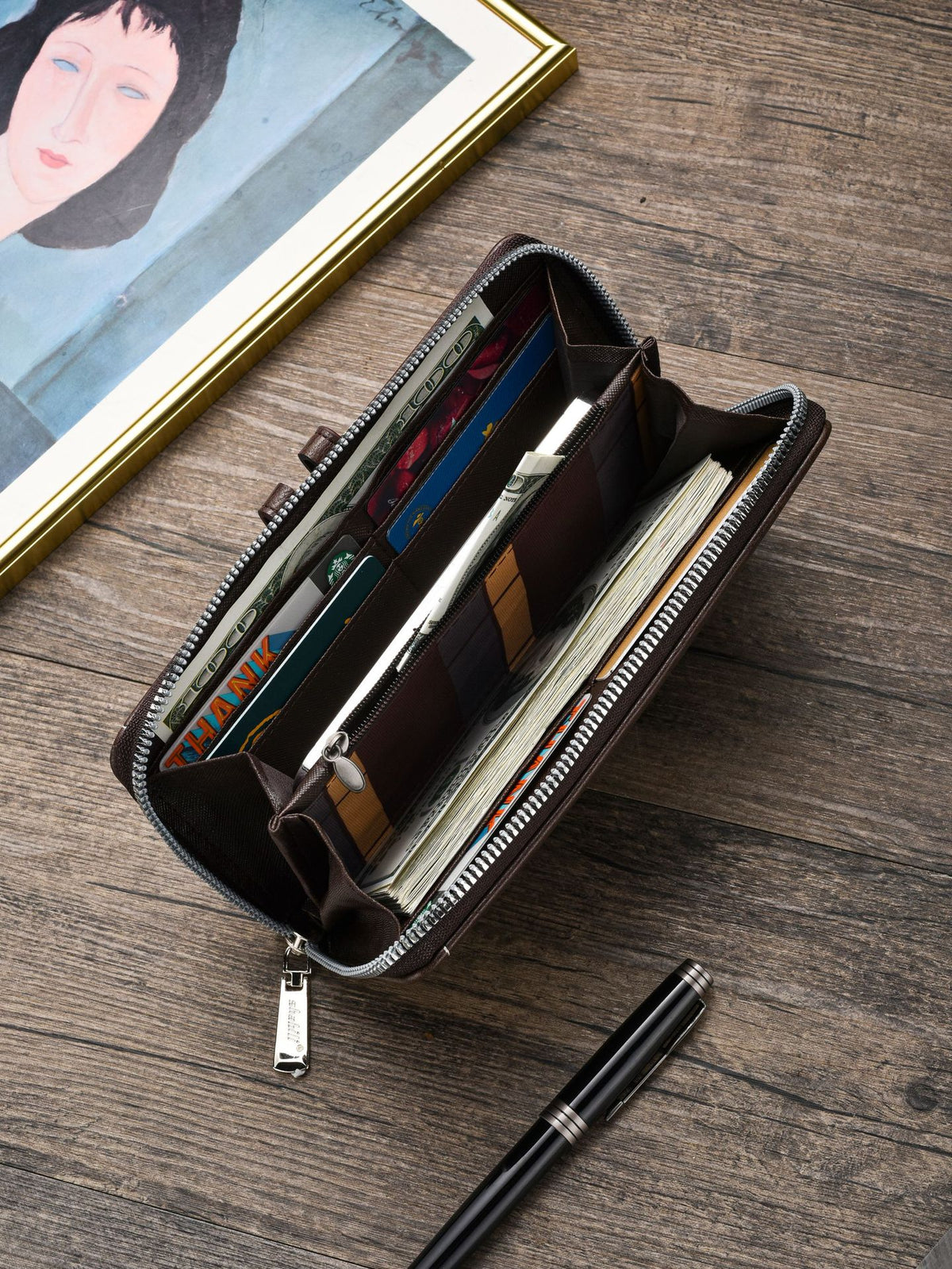 Two pieces High-Capacity PU Leather Clutch Wallet - Unisex Design with Wrist Strap, Zipper & Multiple Card Slots(Light brown)