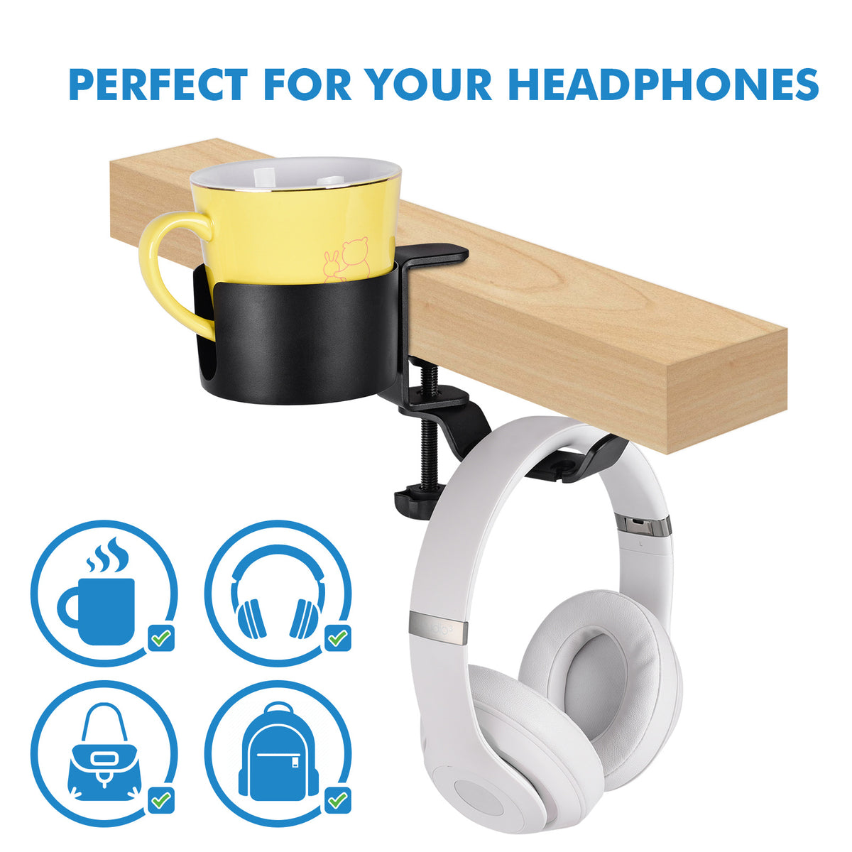 Heavy-Duty All-Metal Desk Clamp with 360-Degree Swivel Headphone Hanger &amp; Cup Holder(black)