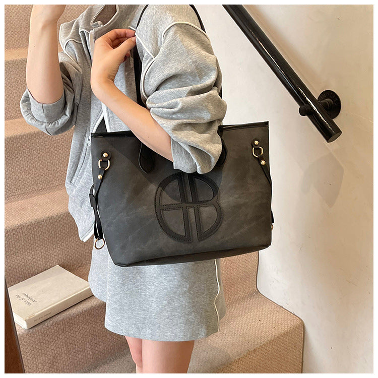 Stylish Large Capacity Tote Bag with PU Leather Trim & Logo Detail(Beige with brown)