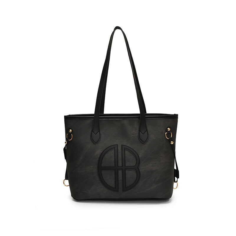 Stylish Large Capacity Tote Bag with PU Leather Trim &amp; Logo Detail(black)