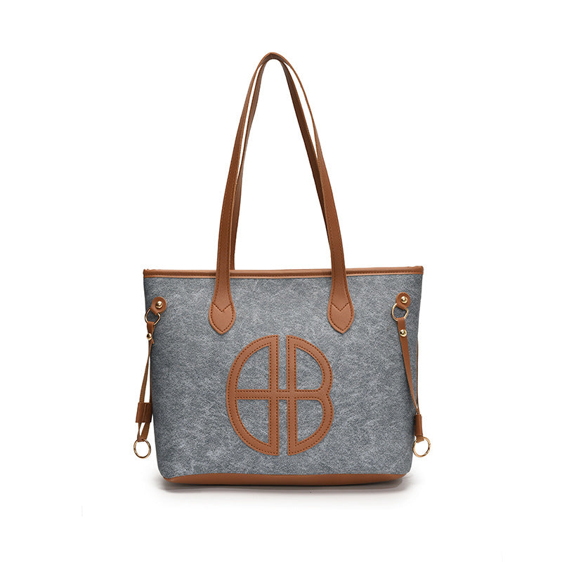 Stylish Large Capacity Tote Bag with PU Leather Trim & Logo Detail(Blue and Brown)