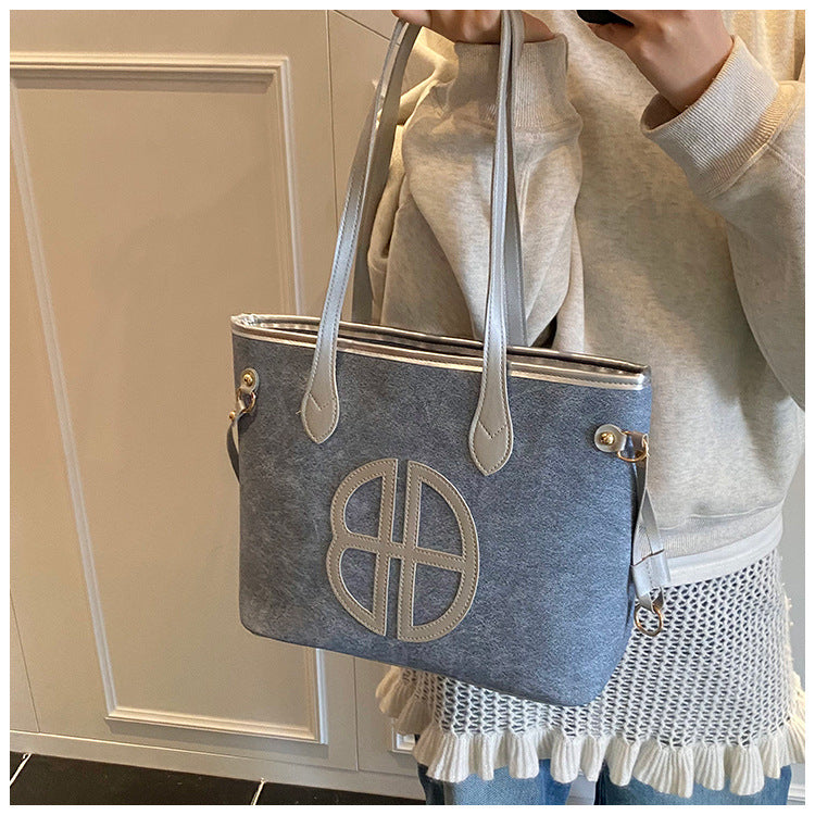 Stylish Large Capacity Tote Bag with PU Leather Trim & Logo Detail(Blue and Brown)