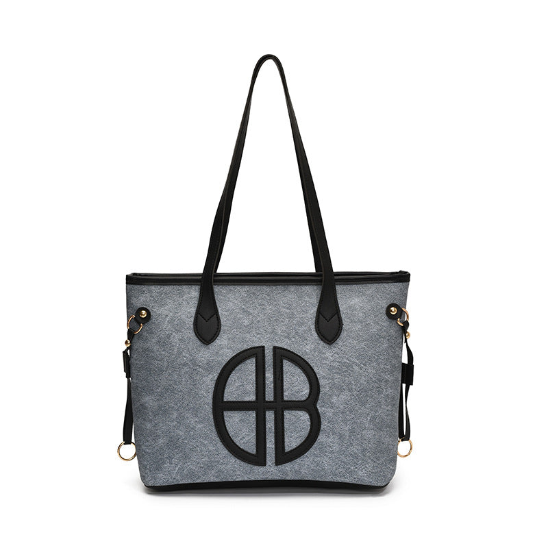 Stylish Large Capacity Tote Bag with PU Leather Trim &amp; Logo Detail(Blue with black)