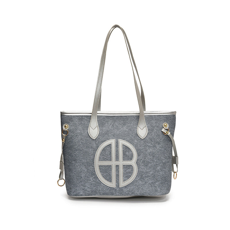 Stylish Large Capacity Tote Bag with PU Leather Trim &amp; Logo Detail(Blue with Silver)