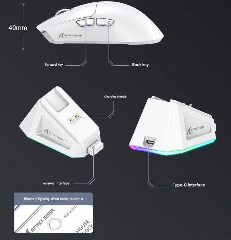 High-Performance Tri-Mode Wireless Gaming Mouse - 22000 DPI, Rechargeable, with RGB Charging Dock(black)