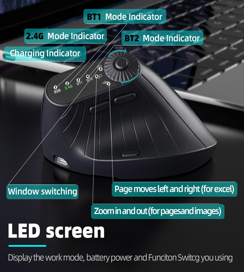Ergonomic Vertical Mouse - 2.4G/Bluetooth Multi-Mode, LED Display, 57-Degree Angle, & 400mAh Battery(White)