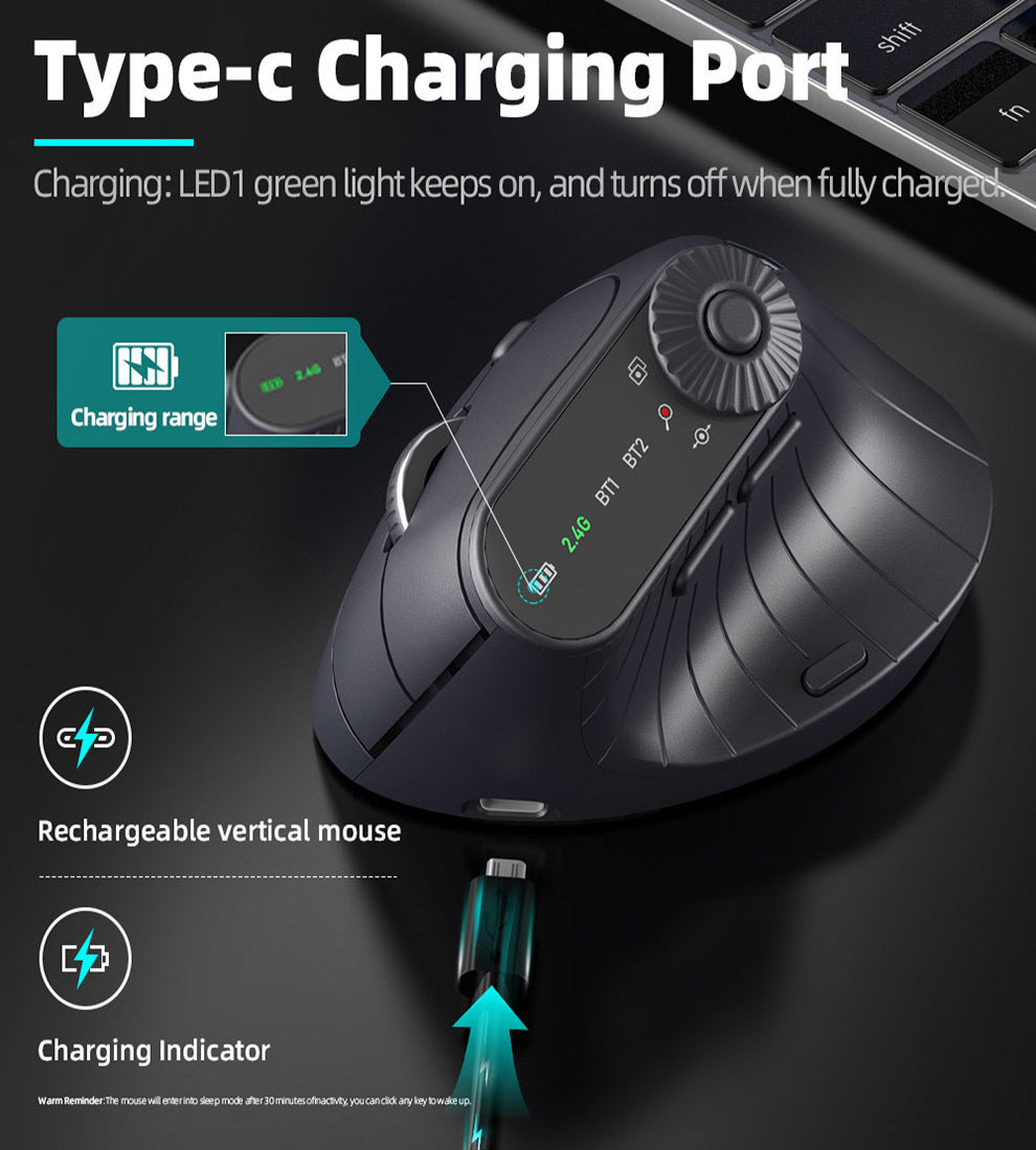 Ergonomic Vertical Mouse - 2.4G/Bluetooth Multi-Mode, LED Display, 57-Degree Angle, & 400mAh Battery(Black)