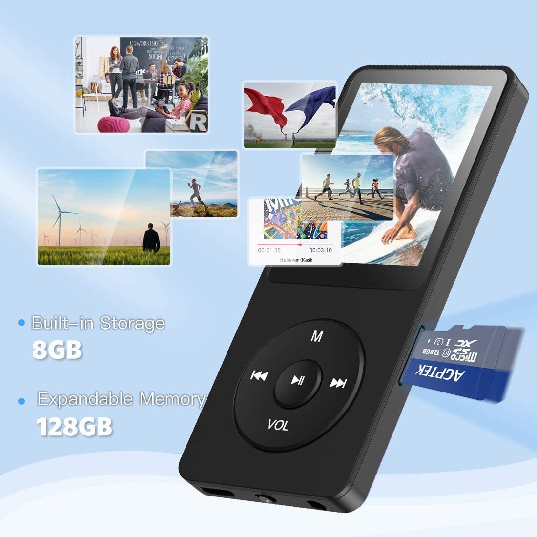 Portable Digital Music Player - Bluetooth 5.4, Hi-Fi Lossless Sound, 8GB Built-in & Expandable Storage(black 16GB)