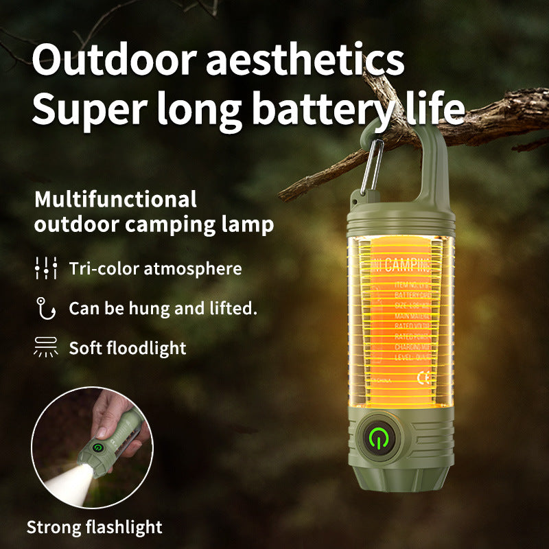 Tri-Color Portable Camping Lantern & Flashlight - Rechargeable, 360°Ambient Light & Hook Design(green)
