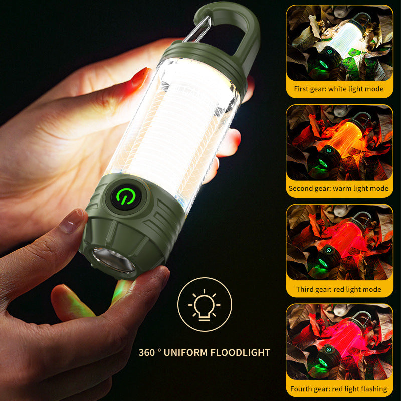 Tri-Color Portable Camping Lantern & Flashlight - Rechargeable, 360°Ambient Light & Hook Design(Khaki)