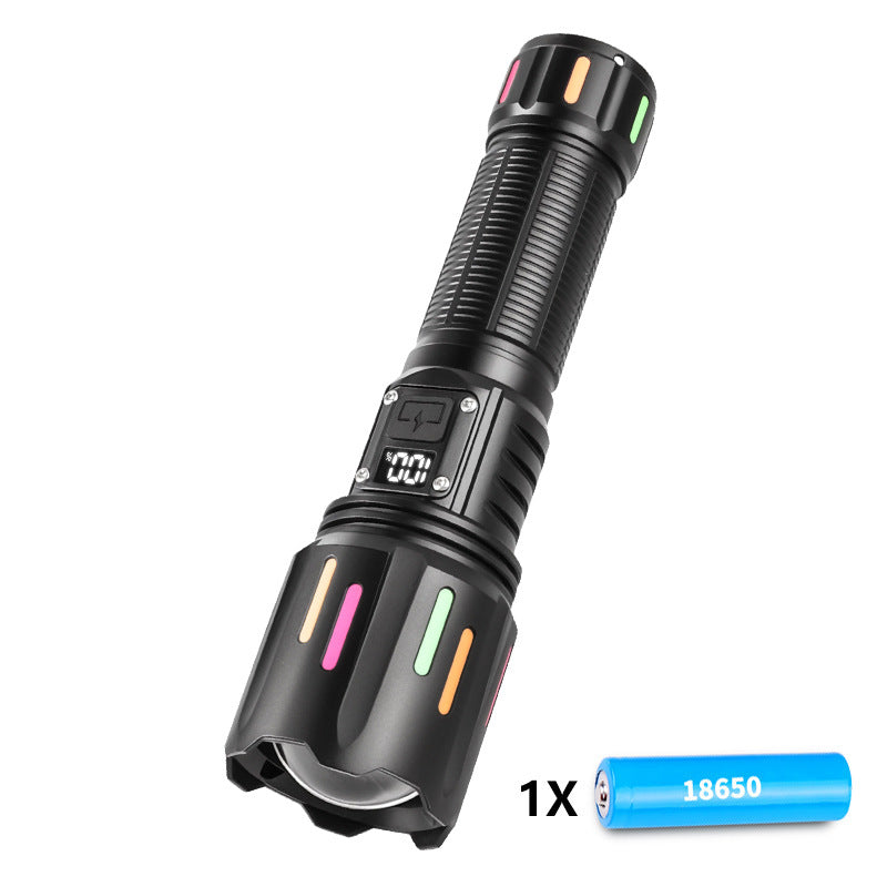 30W High Brightness LED Flashlight with Digital Display &amp; Fluorescent Design - USB Rechargeable, 800-1200M Range(black+One 18650 battery)