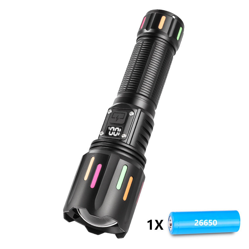 30W High Brightness LED Flashlight with Digital Display &amp; Fluorescent Design - USB Rechargeable, 800-1200M Range(black+One 26650 battery)