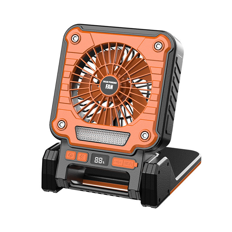 Solar &amp; USB Rechargeable Camping Fan with LED Light - Portable Power Bank, 180° Collapsible(Orange)