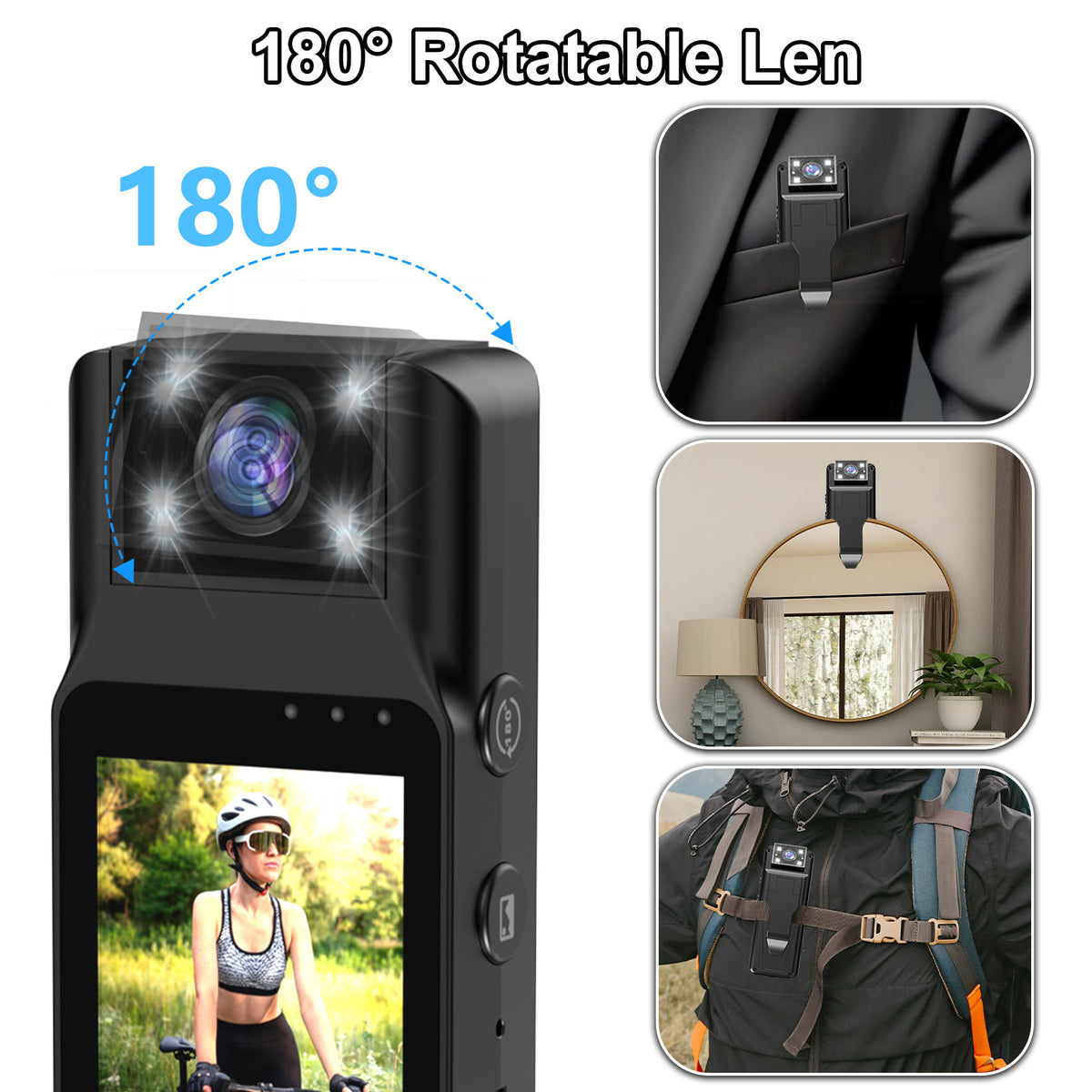 Mini Body Camera with 180 Rotatable Lens, Night Vision & Motion Detection - 1.3 Screen 1200mAh Battery(black)"