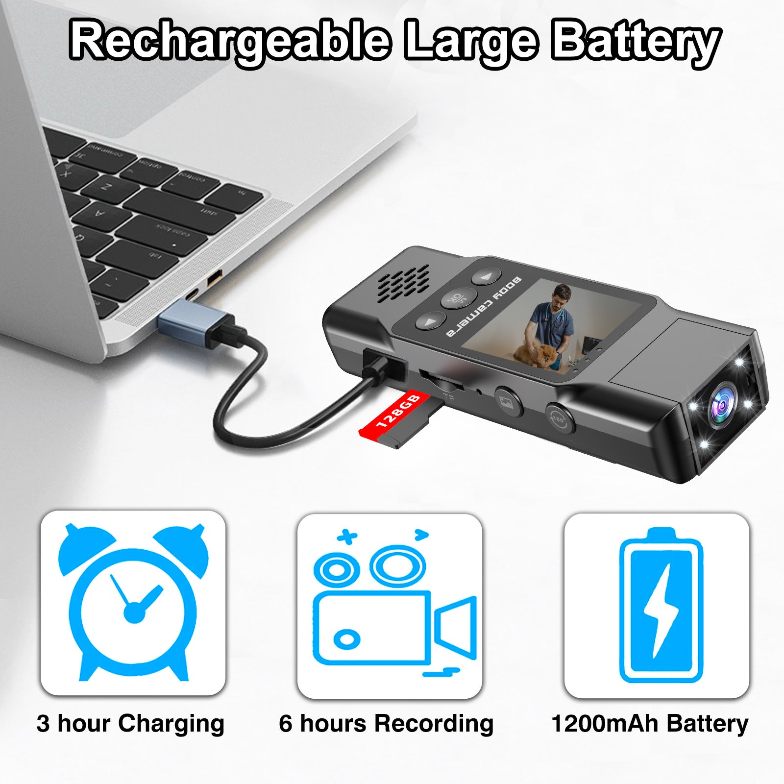 Mini Body Camera with 180 Rotatable Lens, Night Vision & Motion Detection - 1.3 Screen 1200mAh Battery(black+128G)"