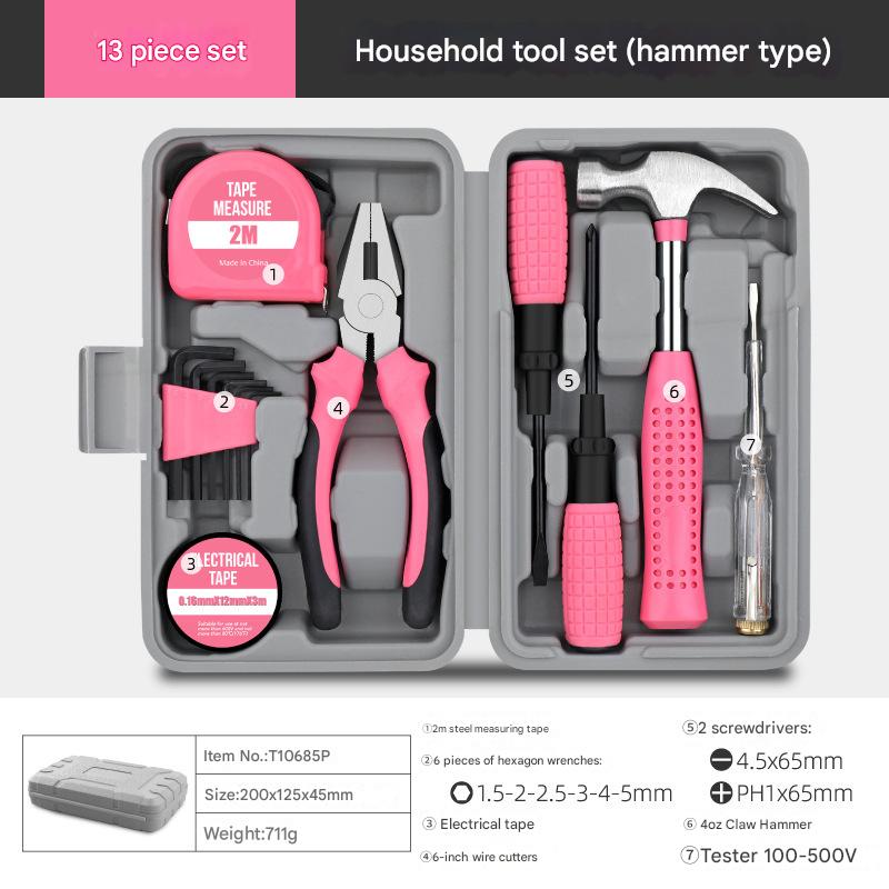 13-Piece Essential Household Tool Kit - Compact Home Repair &amp; DIY Set with Storage Case(pink)
