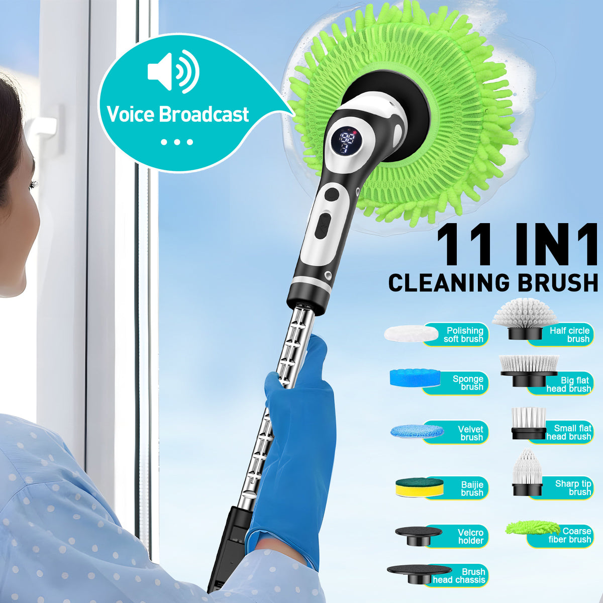 Multi-Functional Electric Spin Scrubber with Voice Broadcast, 9 Heads, Adjustable Extension Handle &amp; LED Display(Black and White)