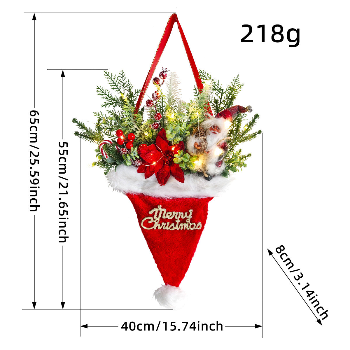 Illuminated Santa Hat Door Hanger with Holiday Greenery &amp; Berries - Christmas Wall Decor(red)