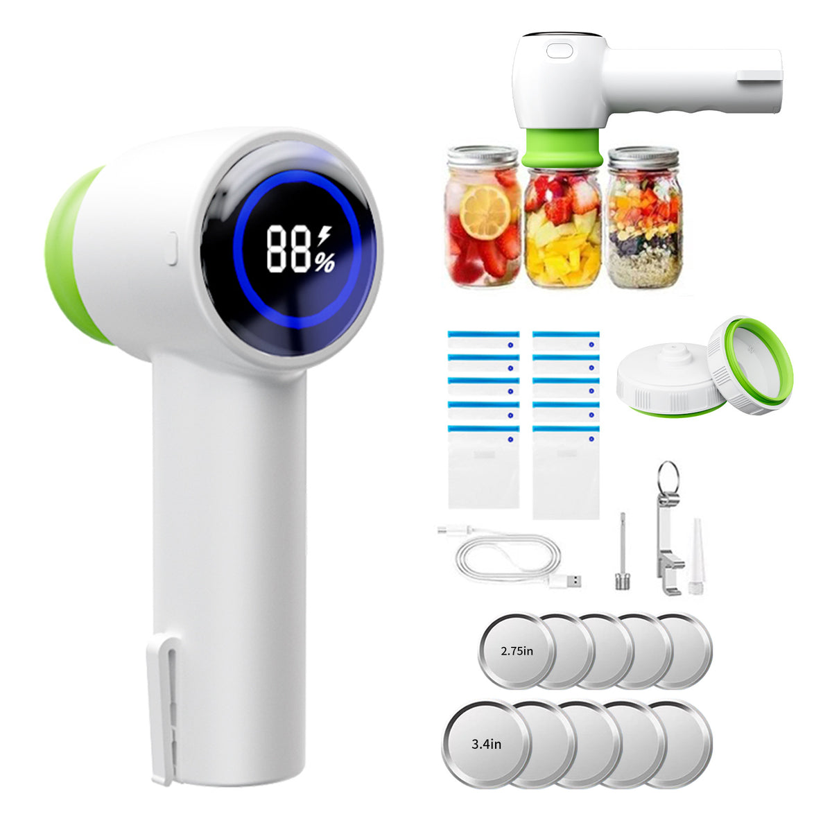 Multi-Function Handheld Vacuum Sealer &amp; Inflator with LED Display - For Food Storage, Jars, Bags &amp; Balls(white)