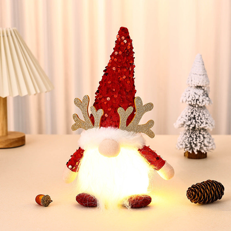 Light-Up Christmas Gnome Plush Doll with Sequin Hat &amp; Antlers - Festive LED Tabletop Decoration(red)