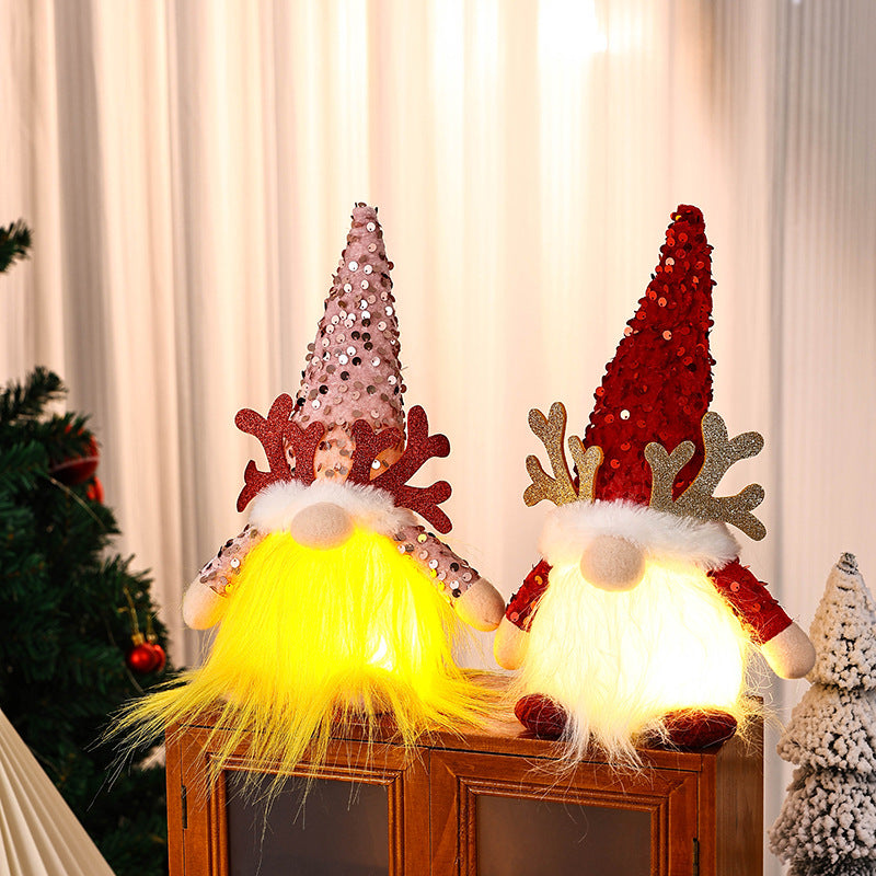 Light-Up Christmas Gnome Plush Doll with Sequin Hat & Antlers - Festive LED Tabletop Decoration(red)