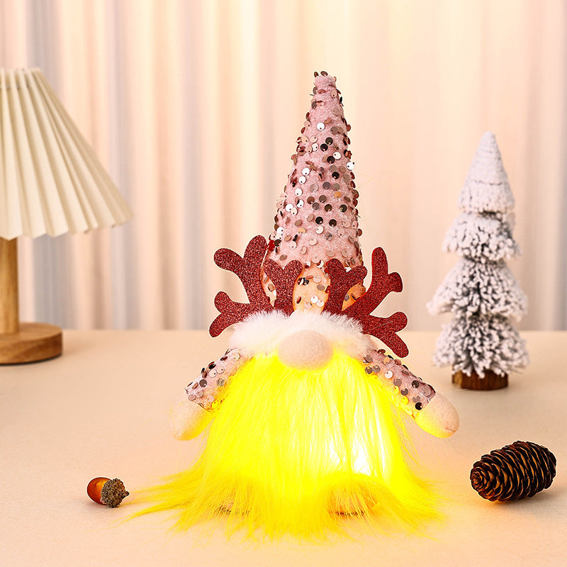 Light-Up Christmas Gnome Plush Doll with Sequin Hat &amp; Antlers - Festive LED Tabletop Decoration(pink)