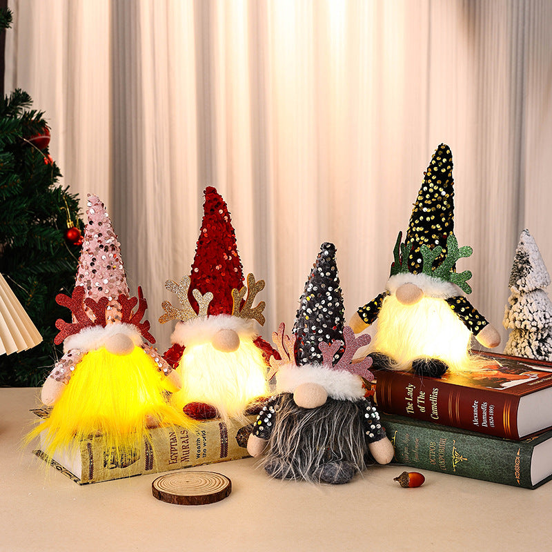 Light-Up Christmas Gnome Plush Doll with Sequin Hat & Antlers - Festive LED Tabletop Decoration(pink)