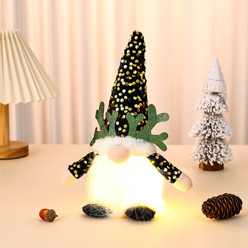 Light-Up Christmas Gnome Plush Doll with Sequin Hat &amp; Antlers - Festive LED Tabletop Decoration(gold)
