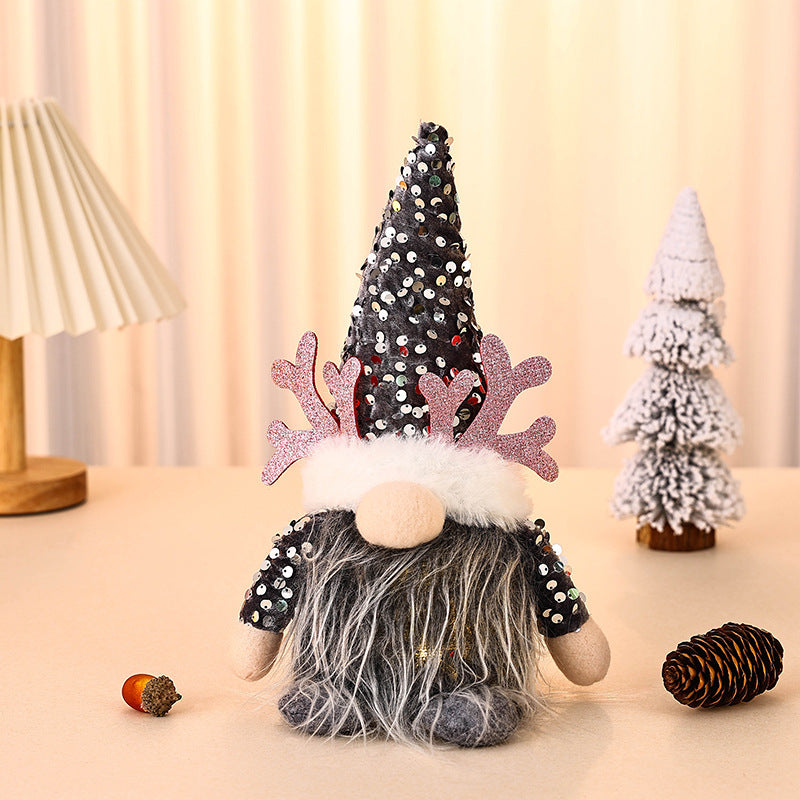 Light-Up Christmas Gnome Plush Doll with Sequin Hat &amp; Antlers - Festive LED Tabletop Decoration(silver)