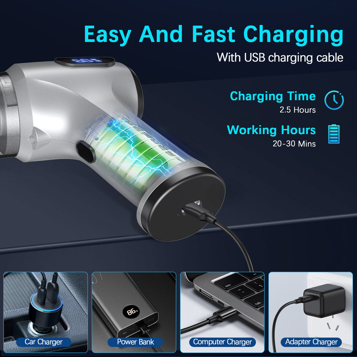 2-in-1 Cordless Handheld Vacuum & Air Duster - 12000Pa Suction, 70000 RPM, LED Light, USB-C Rechargeable(Silver)
