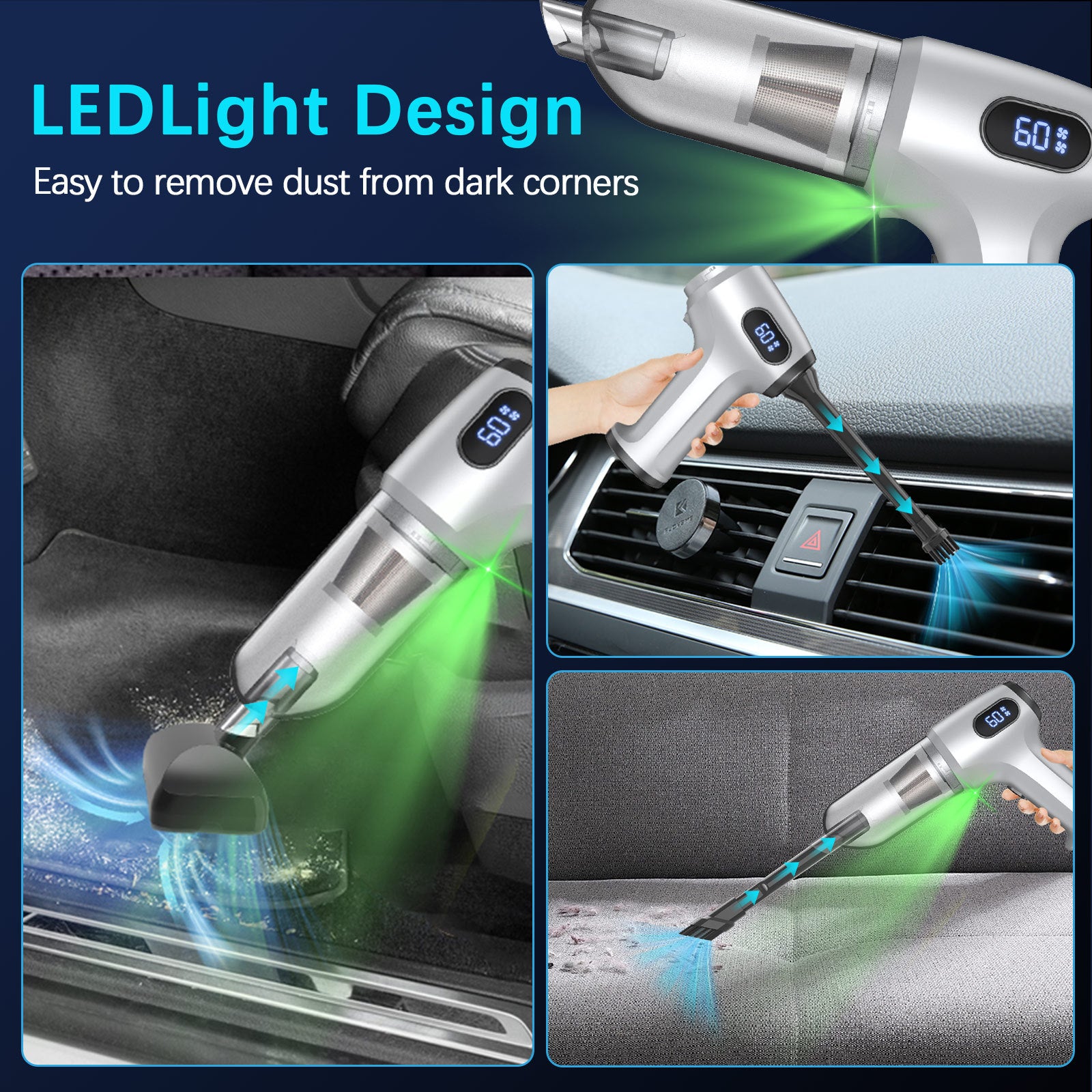 2-in-1 Cordless Handheld Vacuum & Air Duster - 12000Pa Suction, 70000 RPM, LED Light, USB-C Rechargeable(Silver)