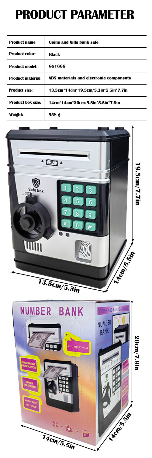 Electronic Piggy Bank Safe Box for Kids - Automatic Bill & Coin Bank with Password Protection, Music & Lights(black)