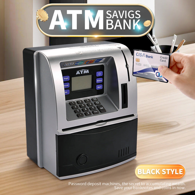 Kids Electronic ATM Savings Bank - Digital Piggy Bank with Password, Auto Roll-in Banknotes &amp; Coin Slot for Financial Learning Fun(black)