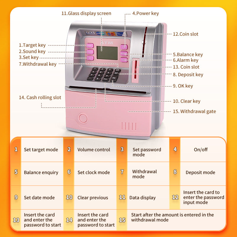 Kids Electronic ATM Savings Bank - Digital Piggy Bank with Password, Auto Roll-in Banknotes & Coin Slot for Financial Learning Fun(pink)