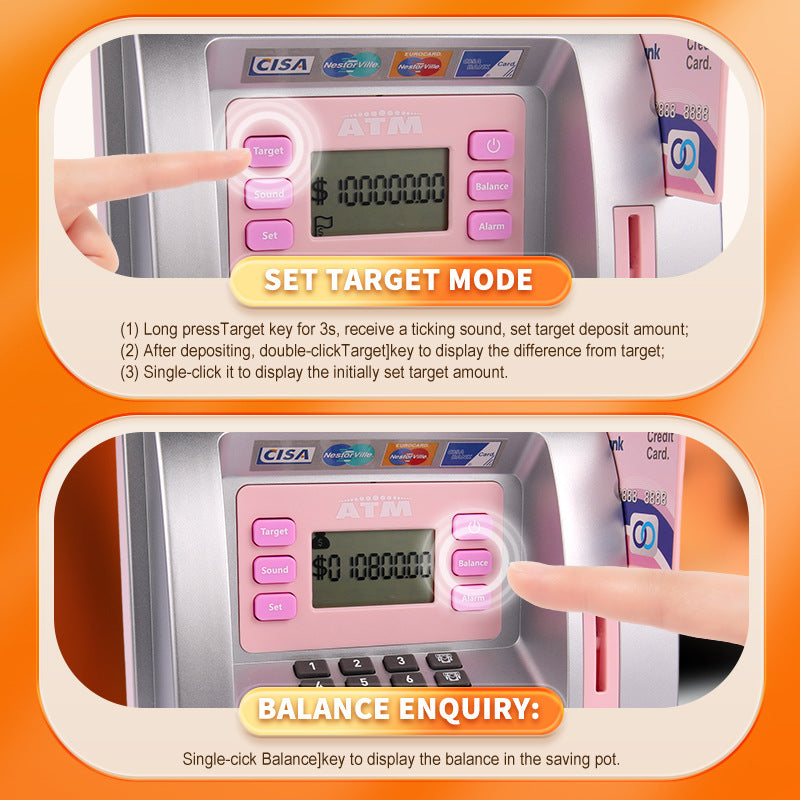 Kids Electronic ATM Savings Bank - Digital Piggy Bank with Password, Auto Roll-in Banknotes & Coin Slot for Financial Learning Fun(pink)