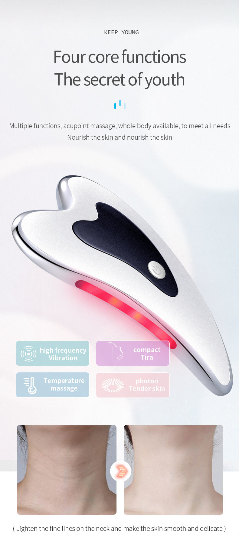 Electric Gua Sha Facial Massager with Heat, Vibration & LED Light Therapy - 4-in-1 Scraping Tool for Face Lifting, Skin Tightening & Anti-Wrinkle(White)