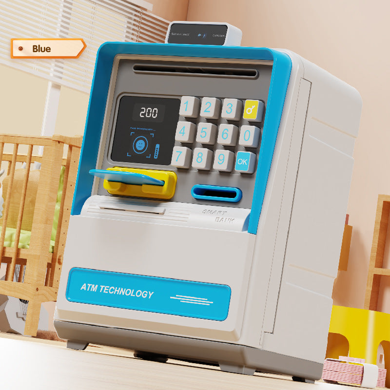 Kids Electronic ATM Piggy Bank with Simulated Facial Recognition &amp; Password - Auto Roll-in Banknote &amp; Coin Money Box for Financial Learning(blue)