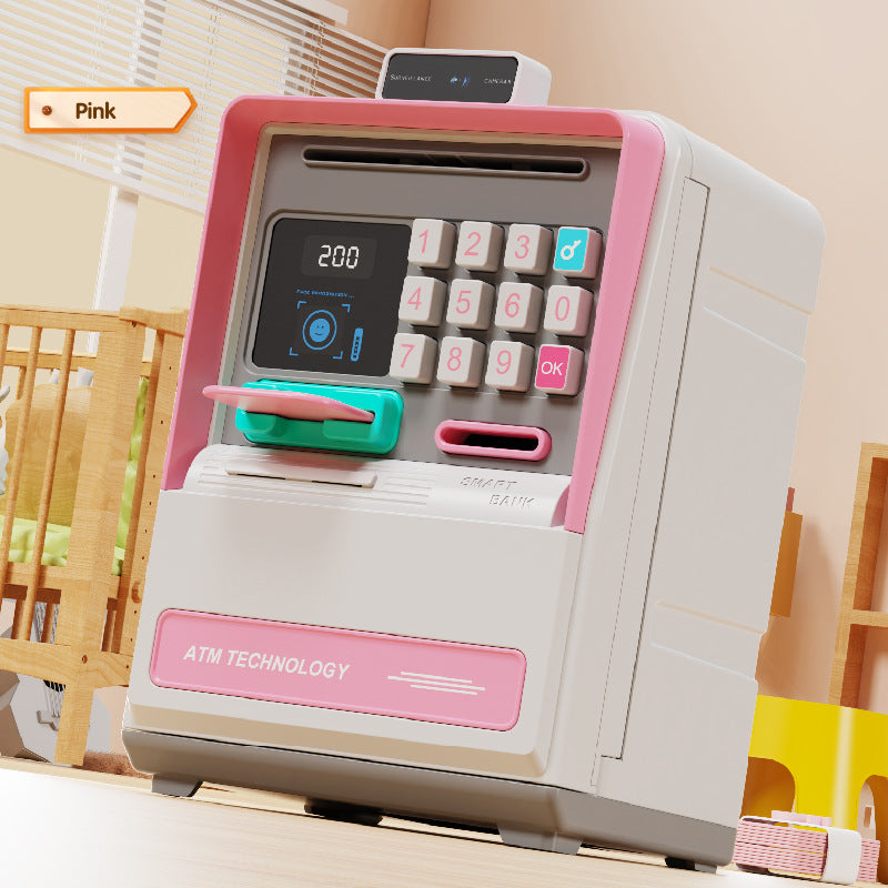 Kids Electronic ATM Piggy Bank with Simulated Facial Recognition &amp; Password - Auto Roll-in Banknote &amp; Coin Money Box for Financial Learning(pink)