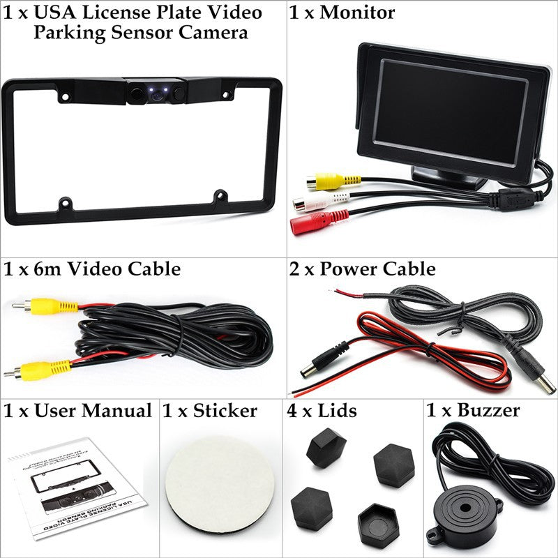 3-in-1 Car Reversing Camera & Parking Sensor System with Monitor - License Plate Frame Mount, Waterproof & Night Vision(black)