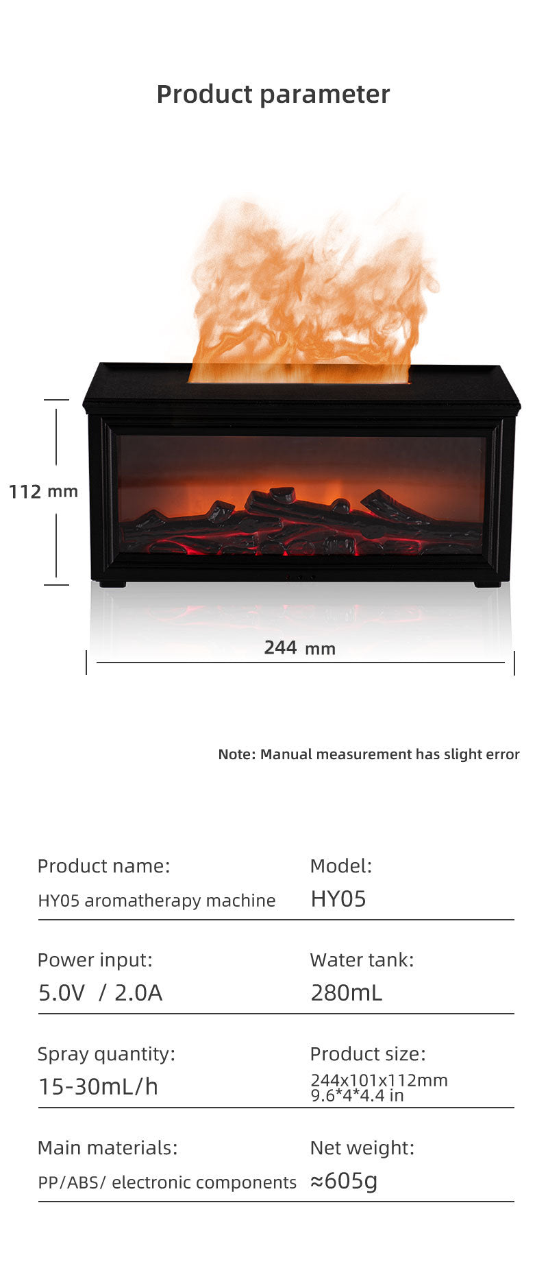 Fireplace Flame Effect Aroma Diffuser & Humidifier with 7-Colour Light, Timer & Remote Control(black)
