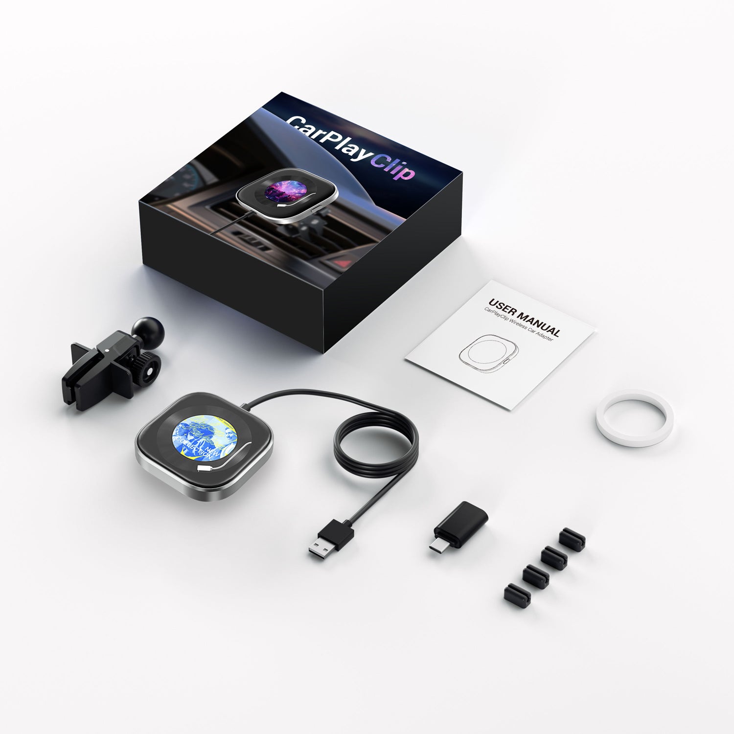 Wireless CarPlay Adapter with 1.6" Multi-Functional Screen, Car Diffuser & 360 Vent Clip(silver)