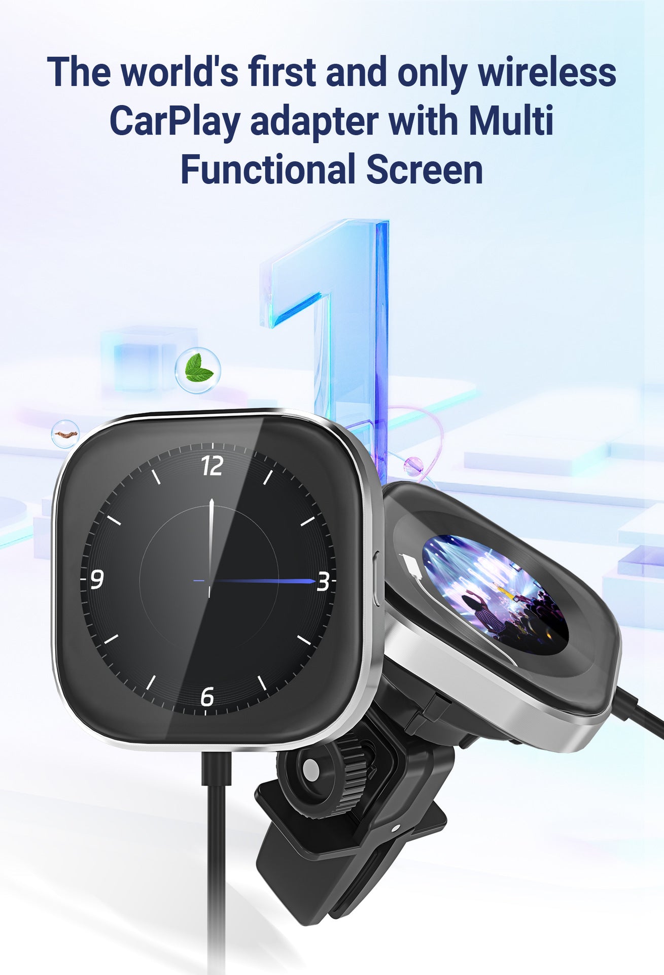 Wireless CarPlay Adapter with 1.6" Multi-Functional Screen, Car Diffuser & 360 Vent Clip(silver)