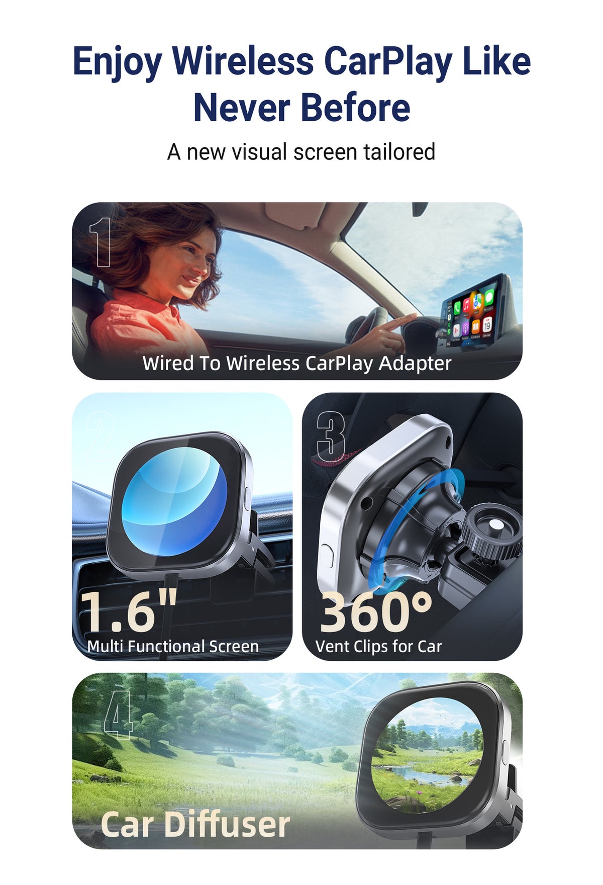 Wireless CarPlay Adapter with 1.6" Multi-Functional Screen, Car Diffuser & 360 Vent Clip(silver)