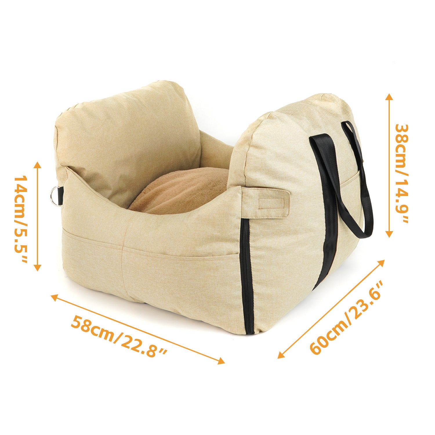 2-in-1 Pet Car Booster Seat & Travel Bed - Removable, Non-Slip, for Small Dogs & Cats(Khaki)