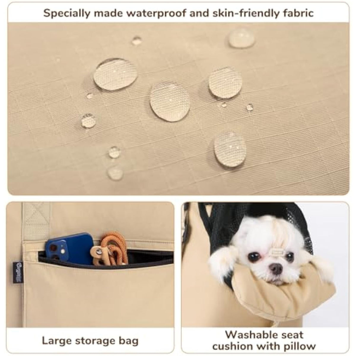 Versatile Pet Carrier Tote Bag for Small Dogs & Cats - Waterproof, Car Seat Function & Adjustable Safety Exit(Khaki)