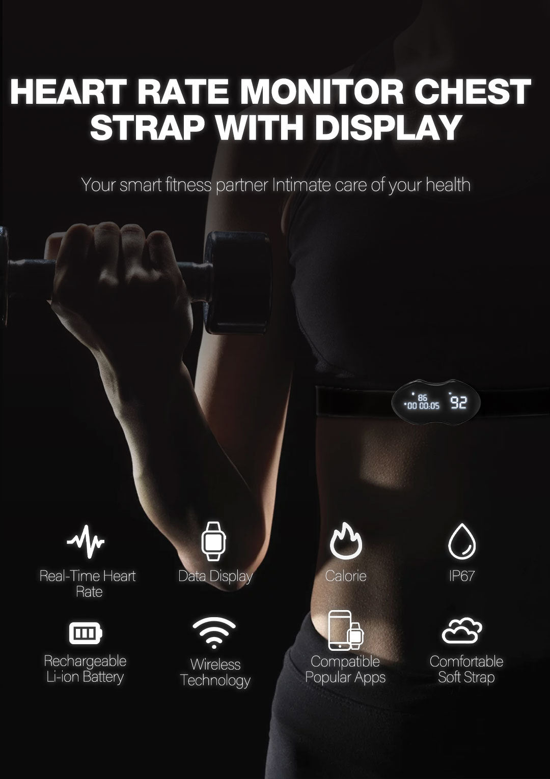 Smart Fitness Heart Rate Monitor Chest Strap with Data Display - IP67 Waterproof, Rechargeable, BLE & ANT+(black)
