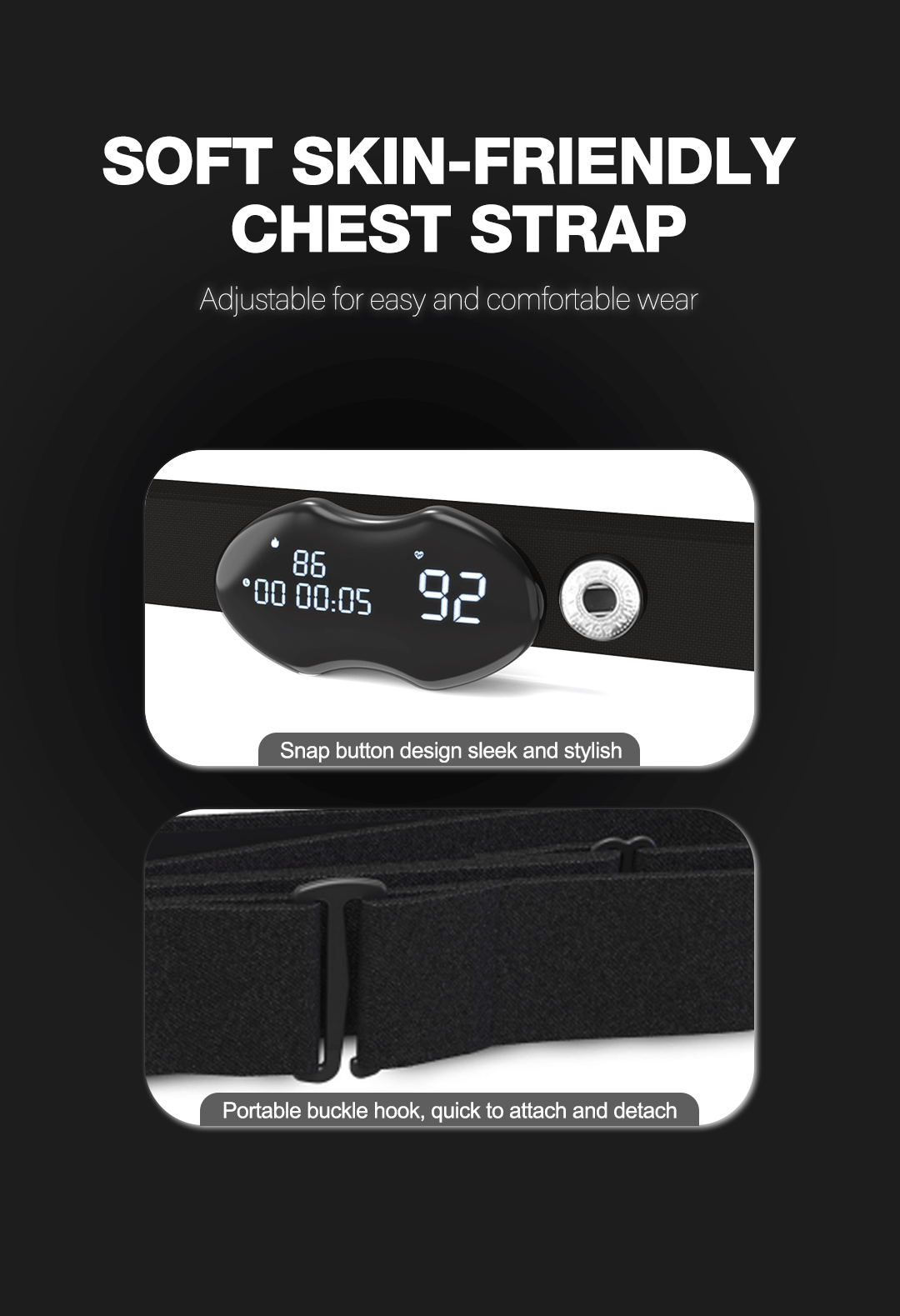 Smart Fitness Heart Rate Monitor Chest Strap with Data Display - IP67 Waterproof, Rechargeable, BLE & ANT+(black)